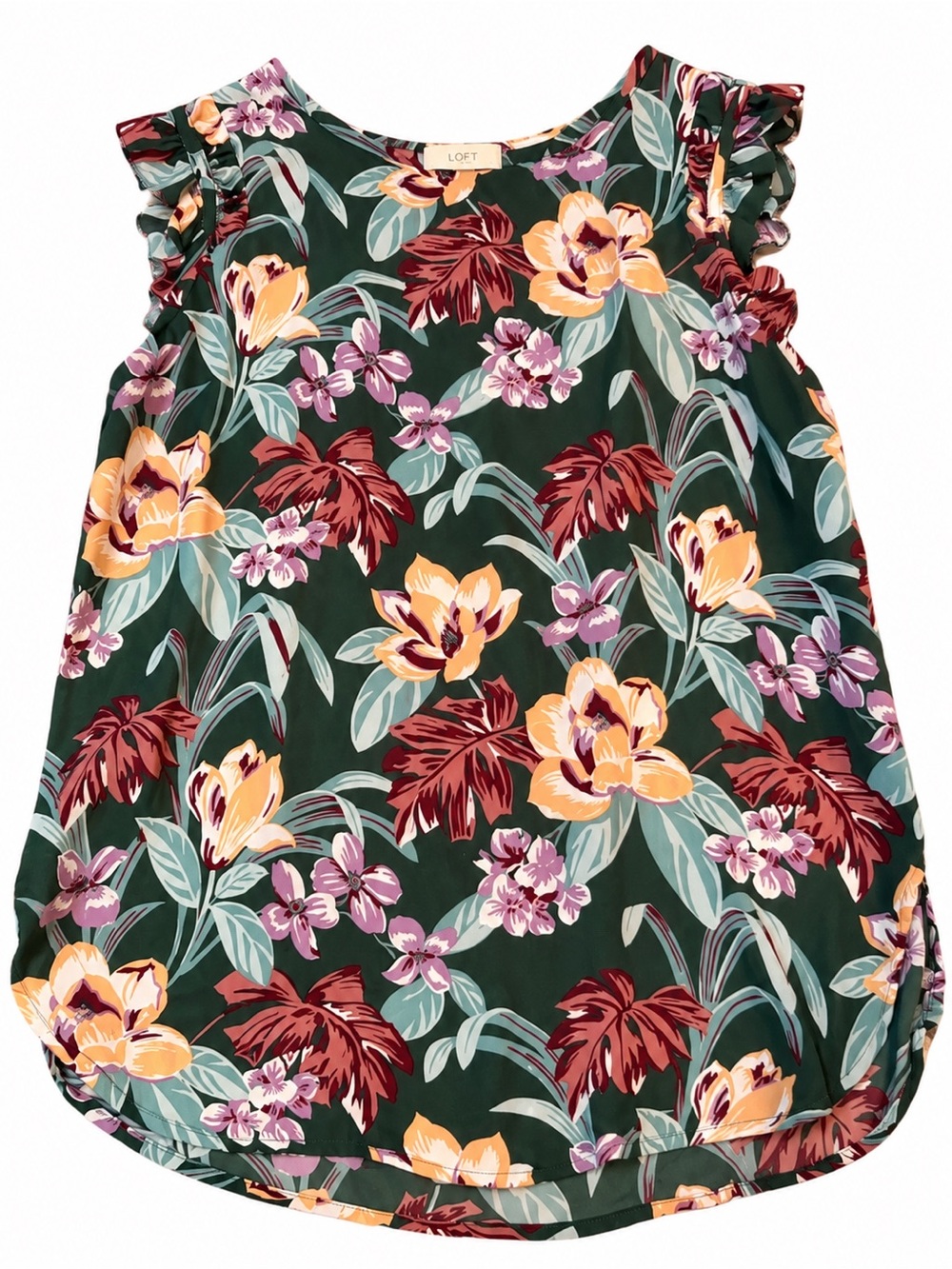 LOFT Dark Green Tropical Floral Ruffle-Sleeve Camisole